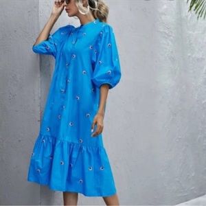 Zara - Women’s blue embroidered puff sleeve midi/maxi dress